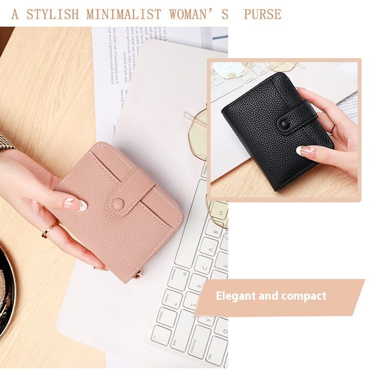 A sleek minimalist leather mini organ wallet with button closure in soft pink or black textured leather finish.