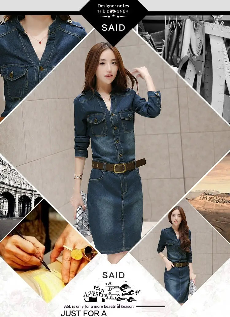 Dark blue denim midi shirt dress featuring a high waist button down front and chest pockets.