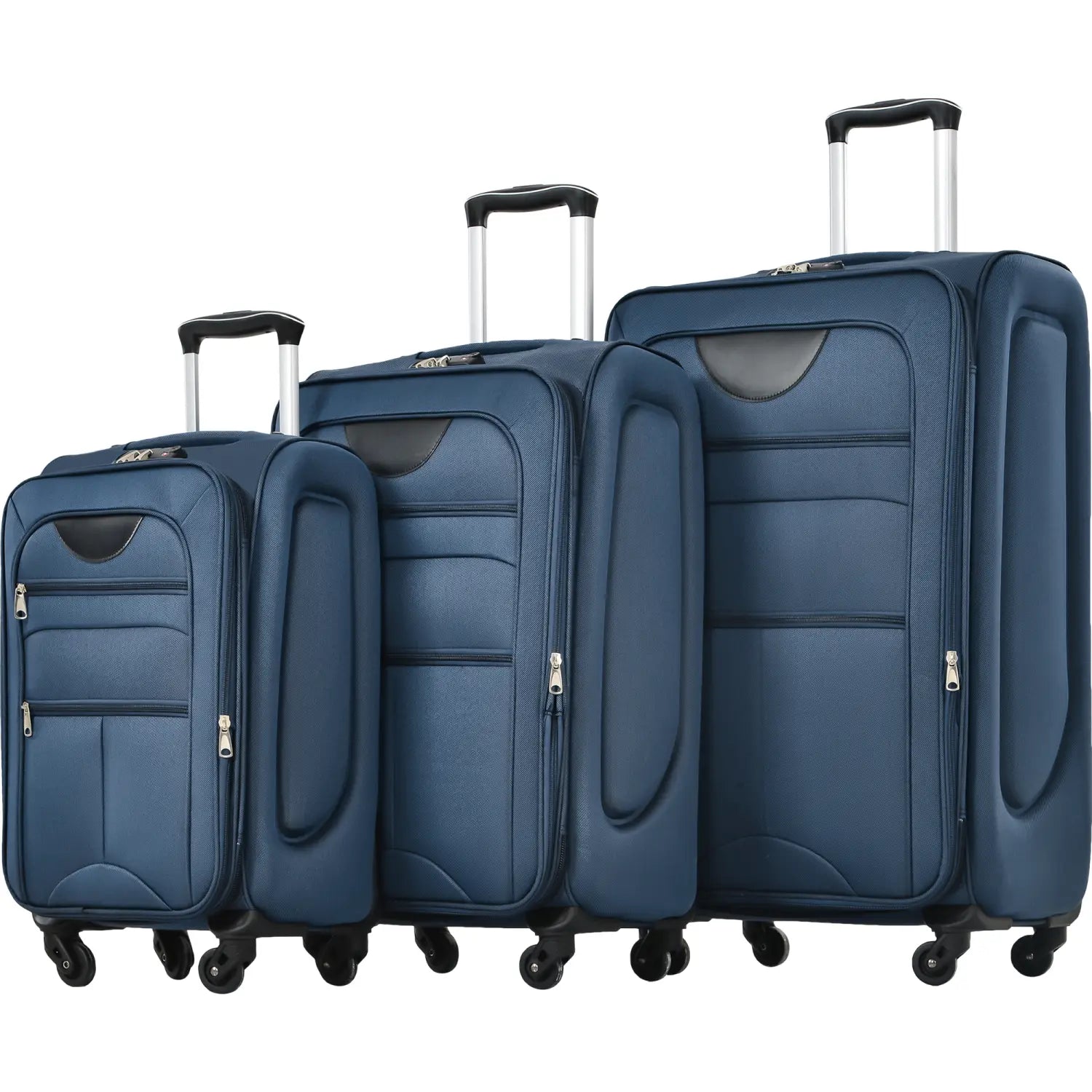 Set of three navy blue hard-shell suitcases with black accents and silver zippers in a navy blue softside expandable 3 piece spinner luggage set.
