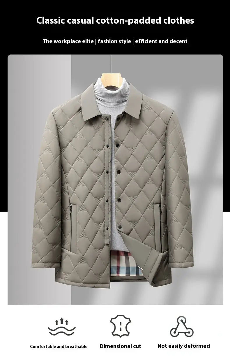 Chaqueta acolchada de trabajo para hombres de algodón acolchado en color beige con cuello clásico y cierre mediante botones.