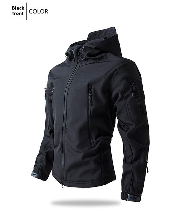 Men’s waterproof tactical fleece soft shell jacket in black with a hood zippered front and multiple pockets.