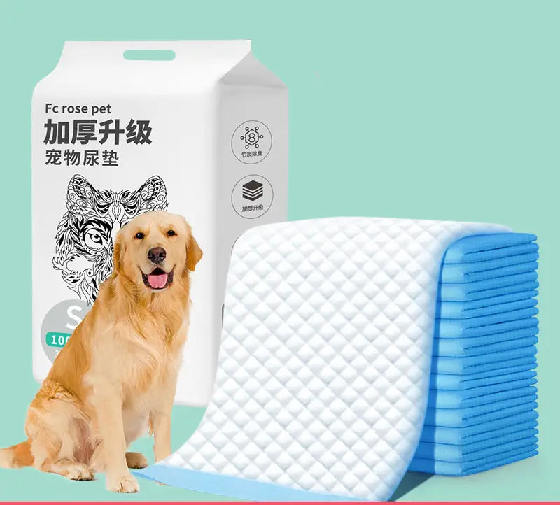 White and blue quilted dog pee pads thickening absorbent pet training mats stacked beside a golden retriever and packaging box