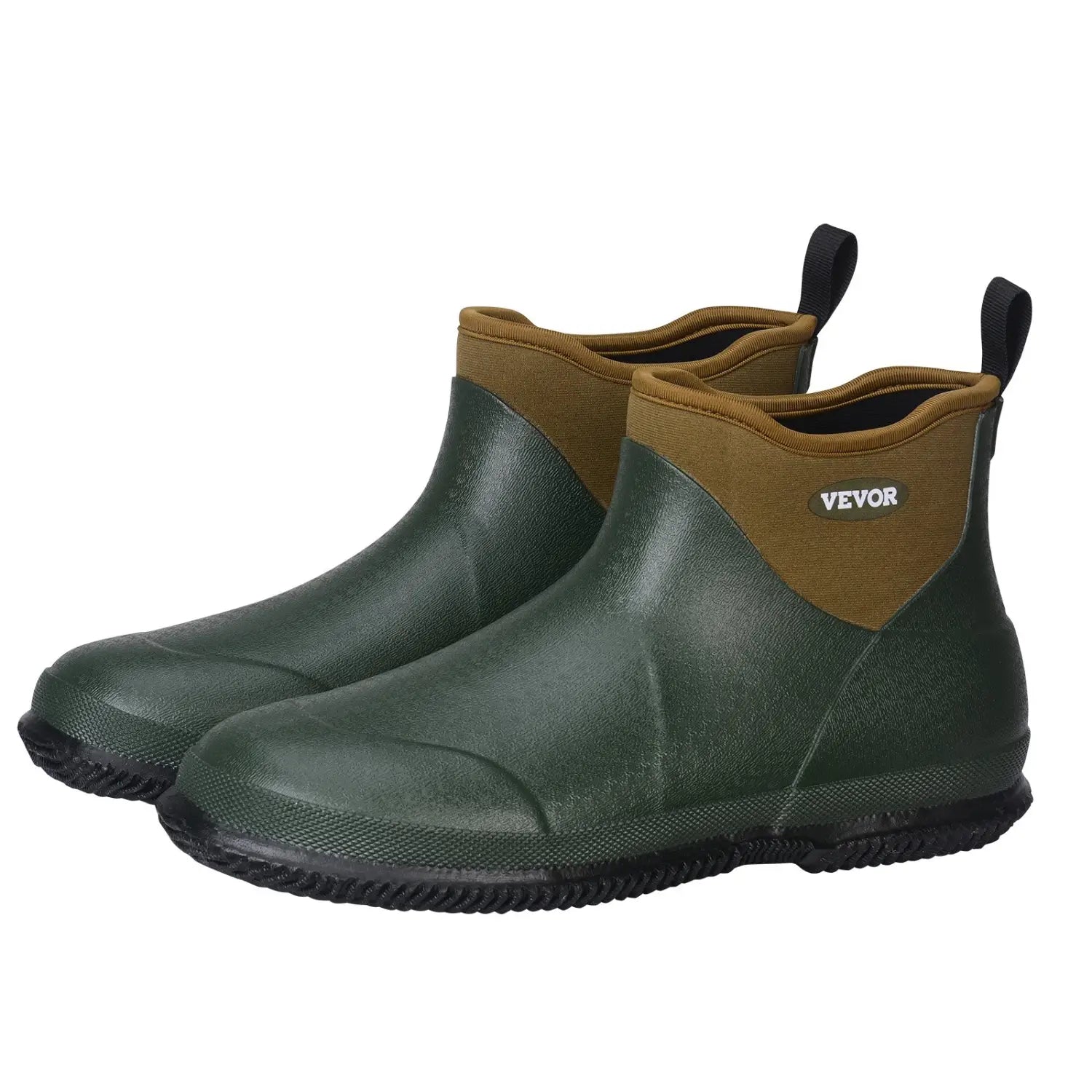 Botas de cubierta impermeables para mujer de color verde oscuro, aisladas, con cuello de tela color ante, pestañas negras para tirar y logotipo de la marca Vevor, diseñadas para la pesca.