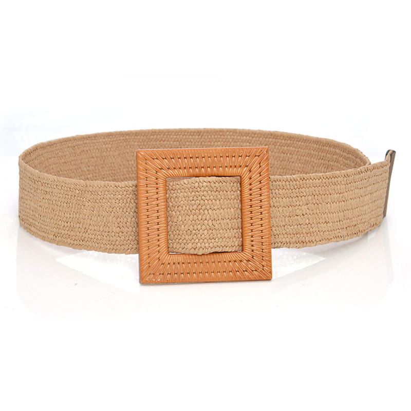 Beige woven elastic belt with a square textured buckle made of woven material.