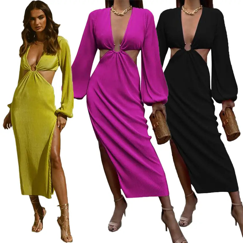 Three women model ribbed cutout long sleeve high slit maxi dresses in vibrant green magenta and black with distinctive waistline cutout designs.