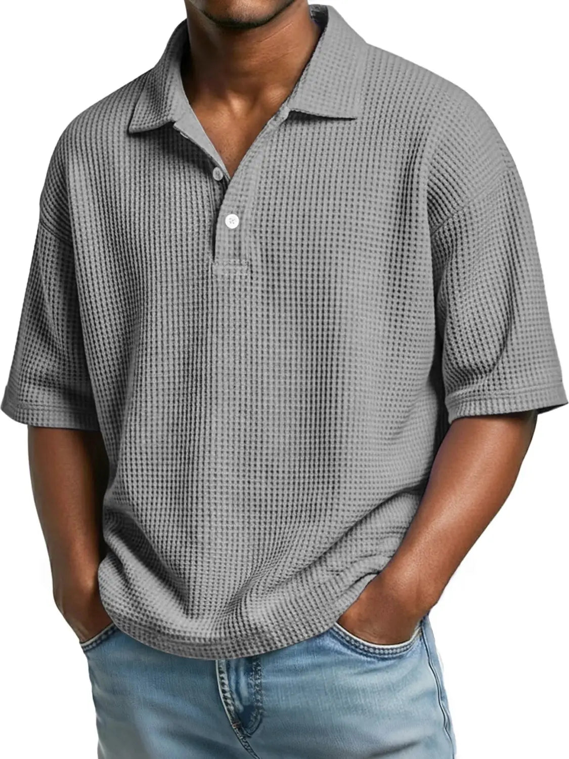 Men’s slim fit gray waffle knit short sleeve polo shirt with collar and white buttons.