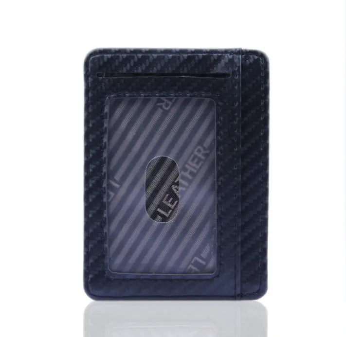 Slim carbon fiber RFID blocking dark blue wallet made of textured PU leather with a clear ID window featuring diagonal stripes and an oval leather emblem.