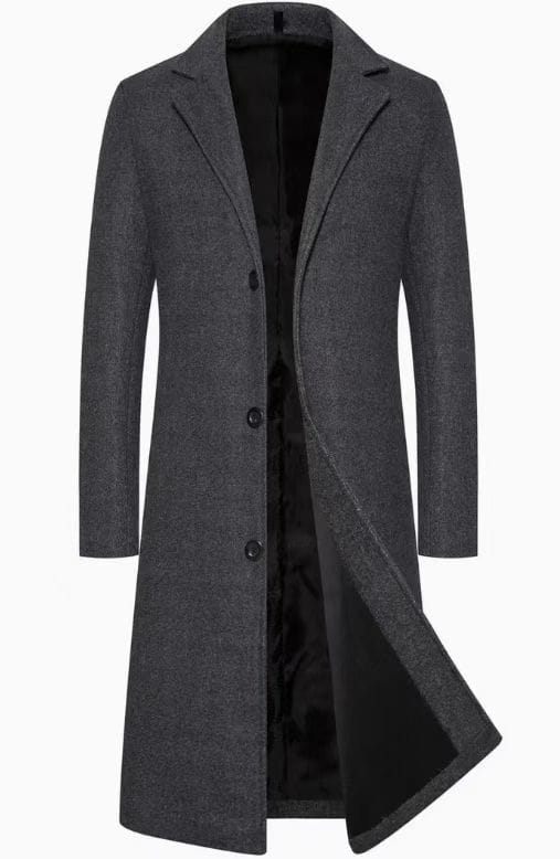 a dark gray woolen trench coat above the knee featuring a long wool overcoat design with a notched collar and black buttons