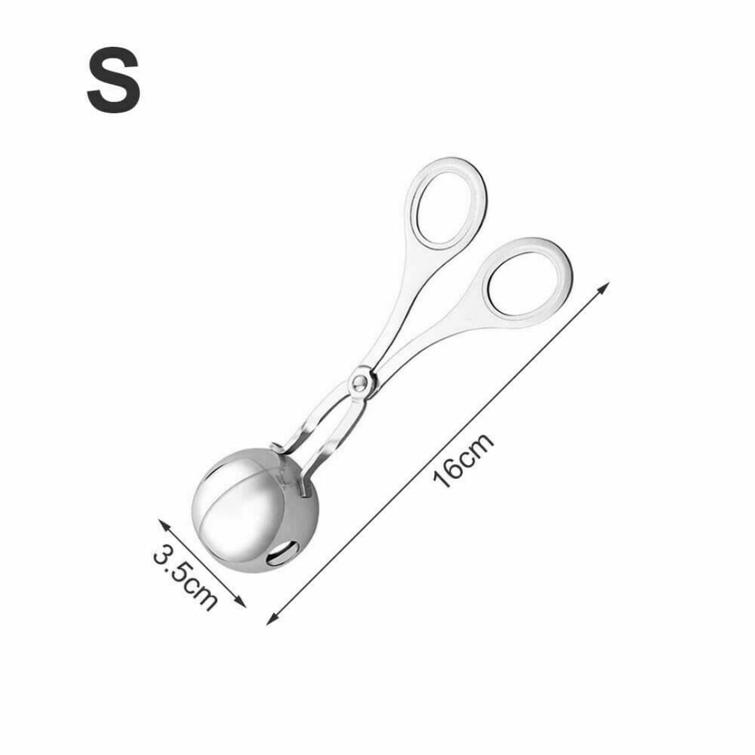 Silver stainless steel meatball maker tongs with a rounded ball-shaped scoop end and two finger loops for easy handling.