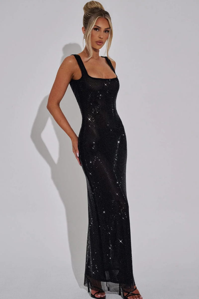 Black sequined floor-length bodycon maxi sling dress with a square neckline and thin straps.