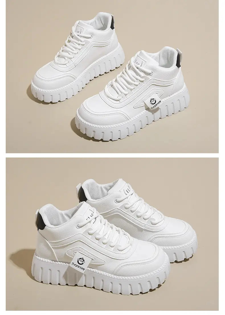 Cream-colored women’s chunky platform breathable high top sneakers with ridged sole and beige suede accents.