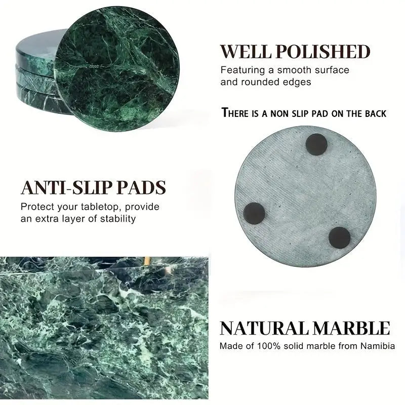 Green marble coasters set of 4 round stone pads with a polished veined surface and non-slip black pads on the back.