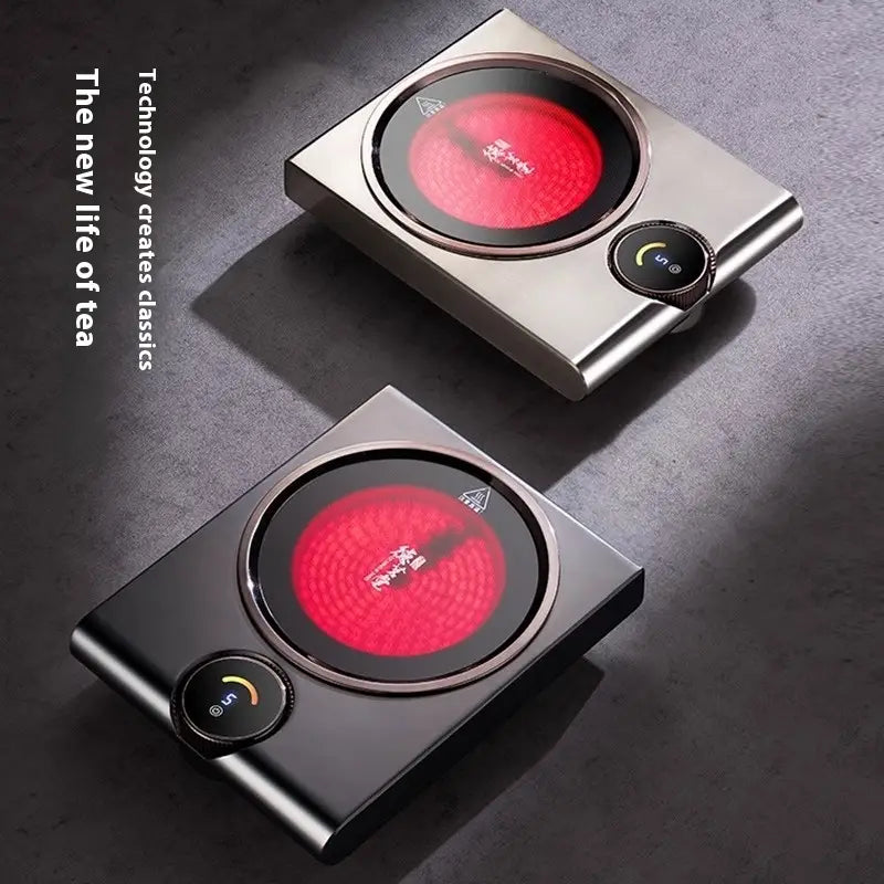 Modern stainless steel electric ceramic stove 1000w tea cooker kettle with glowing red heating surface and circular control dial.
