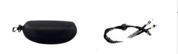 Schwarzer Hartschalen-Brillenetui mit kleiner, geschlungener Schlaufe für polarisierte ovale Tarnung und verspiegelte Sportsonnenbrille für Herren.