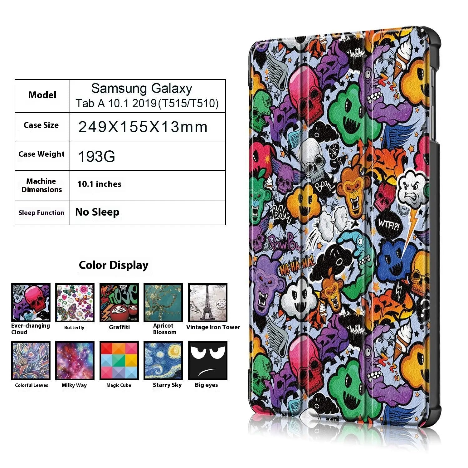 Funda tipo libro de cuero para tableta Samsung con un diseño trasero vibrante estilo graffiti, con un collage caótico de coloridos cráneos, personajes tipo caricatura y elementos de cómic sobre fondo blanco.