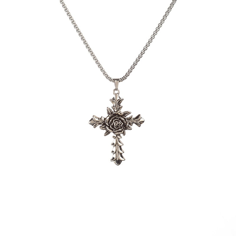 Detailed silver rose cross pendant necklace featuring an intricately detailed rose at its center suspended from a fine chain.