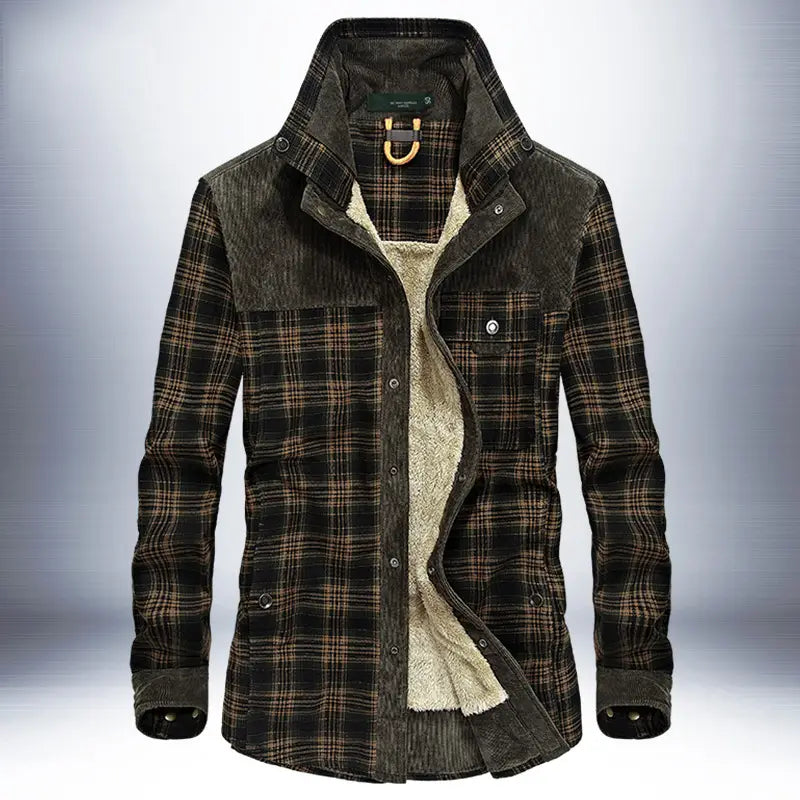 Men’s plaid fleece lined corduroy winter jacket in dark brown and beige with a warm fleece interior.