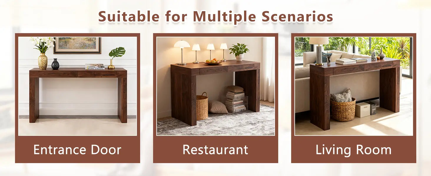 Dark brown walnut wood bar table with a smooth finish and two drawers on the left side measuring 50 inch.
