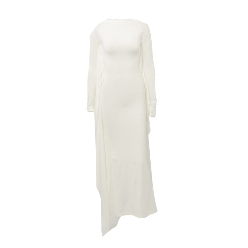 An off-white satin maxi dress with batwing long sleeves, a high neckline, and an asymmetrical hemline.