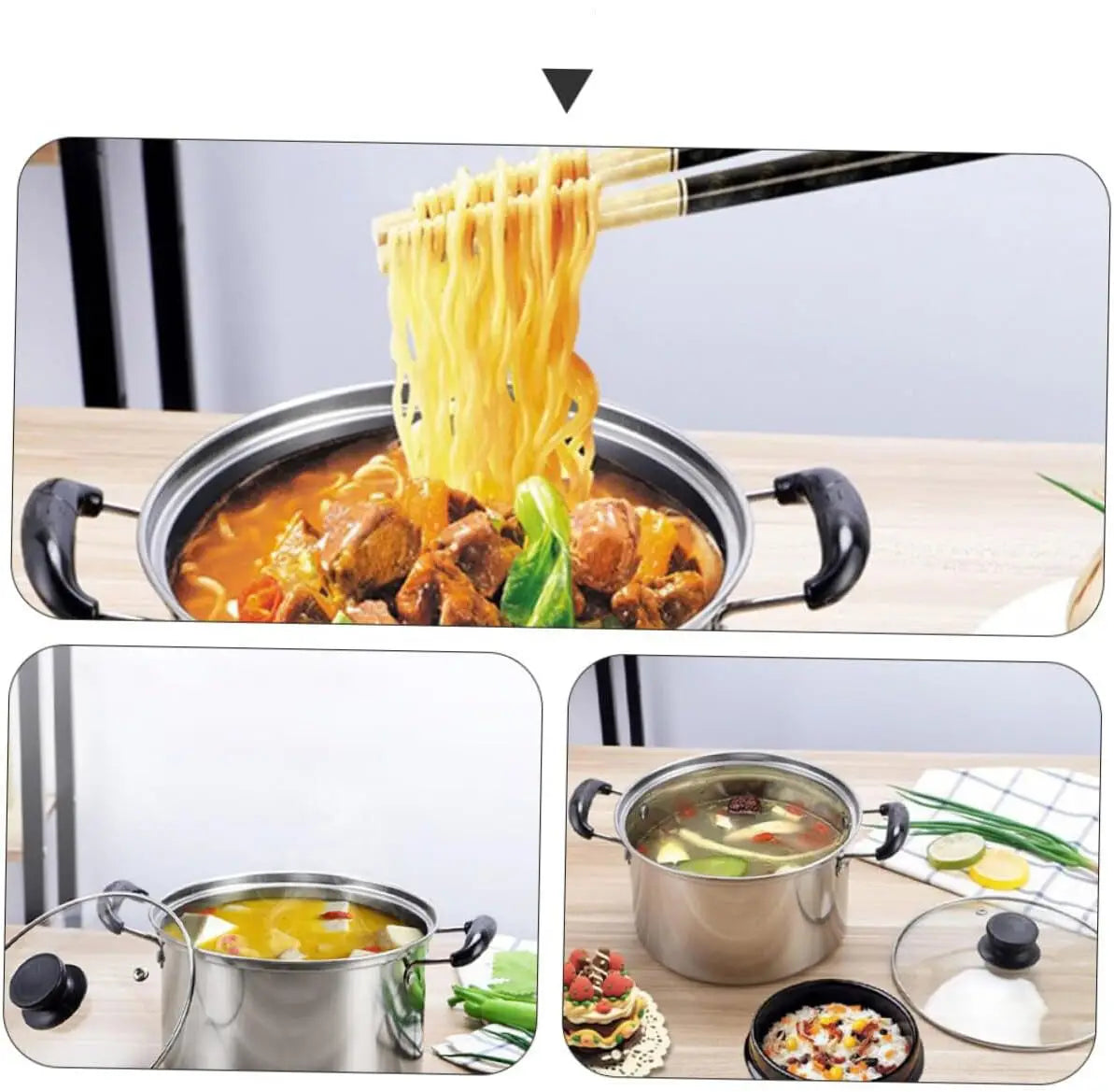Stainless steel induction cookware set 5 pieces featuring a stainless steel pot with black handles and a glass lid.