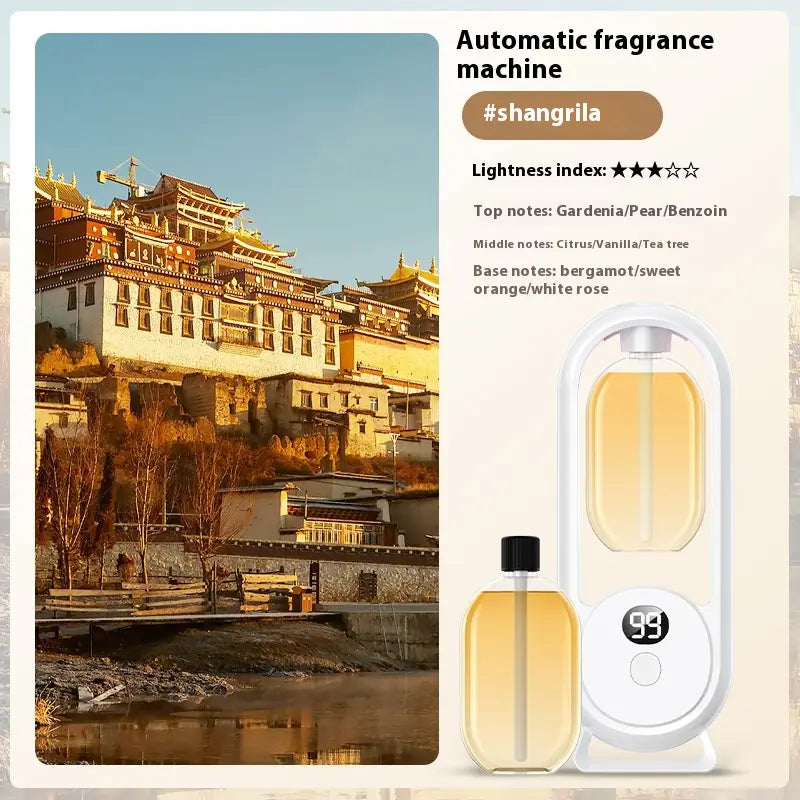 White digital aroma diffuser automatic air freshener lamp with a sleek modern design and transparent reservoir containing amber-colored liquid.