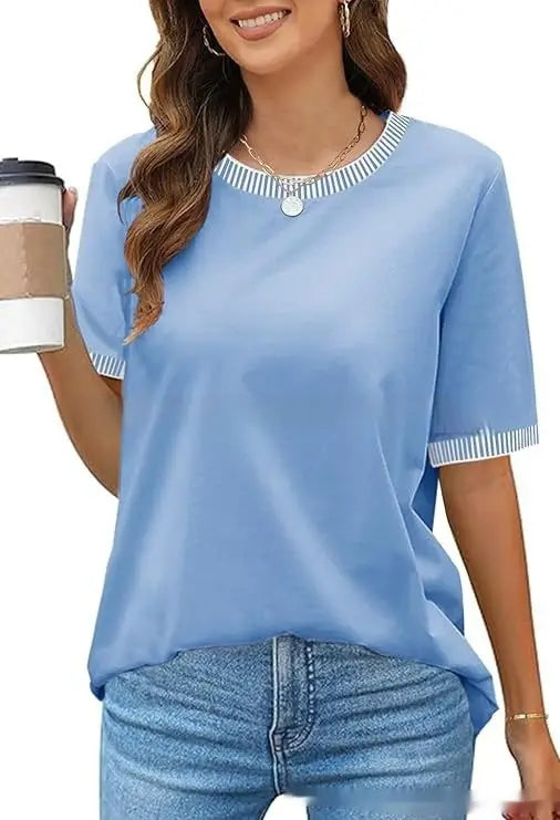 Light blue short-sleeved knit top for women featuring a striped collar and sleeve cuffs with ruffle trim.