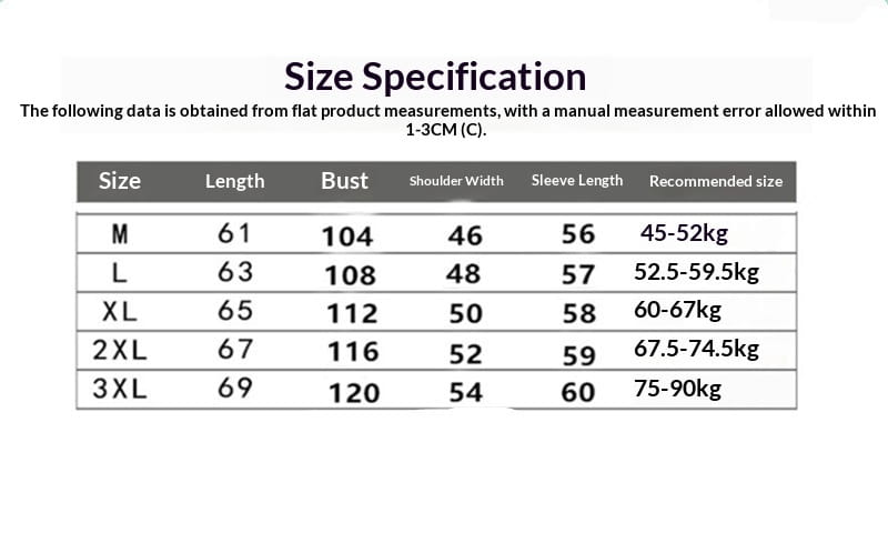 Tabla de especificaciones de talla para sudadera con capucha aislada y forro polar, que muestra medidas en centímetros y rangos de peso recomendados para las tallas de mediano a 3XL.