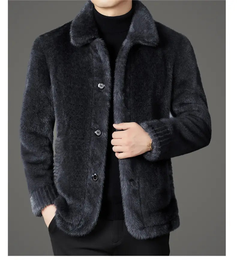 Dark gray faux fur winter coat for men featuring a plush collar and ribbed cuffs.