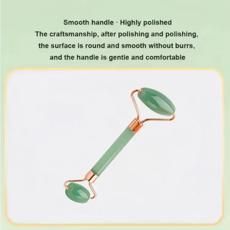 A highly polished jade green natural resin double-ended facial roller with rose gold-toned metal joints and a smooth handle for facial massage.