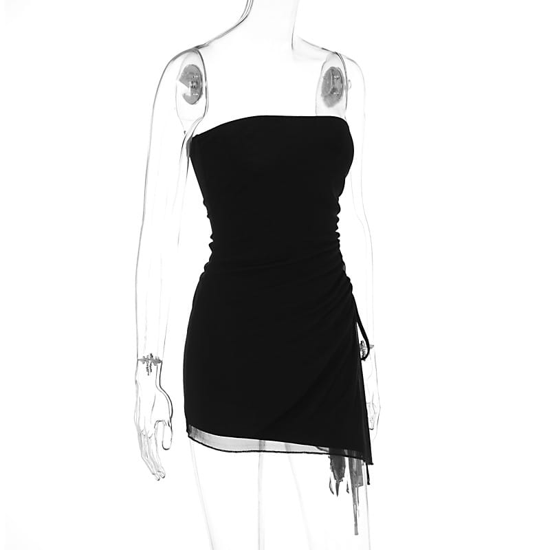 Black strapless mini dress with ruched bodice and sheer overlay hem featuring a side slit in Y2K style.