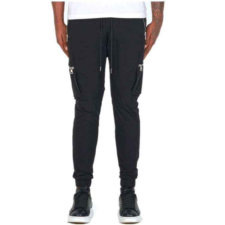 Men’s black zipper cargo joggers casual pants featuring zipper accents on side pockets and a drawstring waistband.