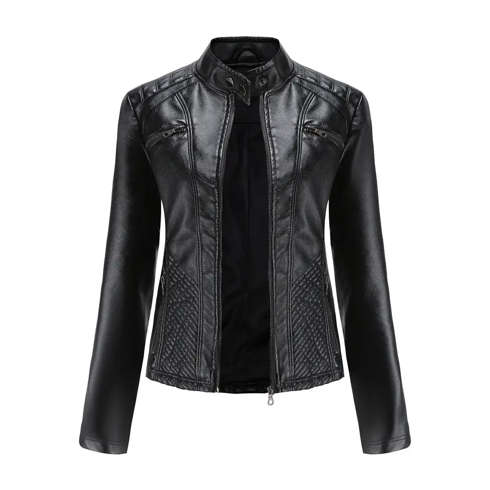 Schwarze Faux-Leder-Motorradjacke mit Stepp-Paneling und Reißverschlussdetails, Slim-Fit-Oberbekleidung