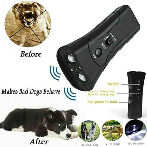 black plastic ultrasonic dog repeller and 3 in 1 training device showing two lights and a switch on the back side.