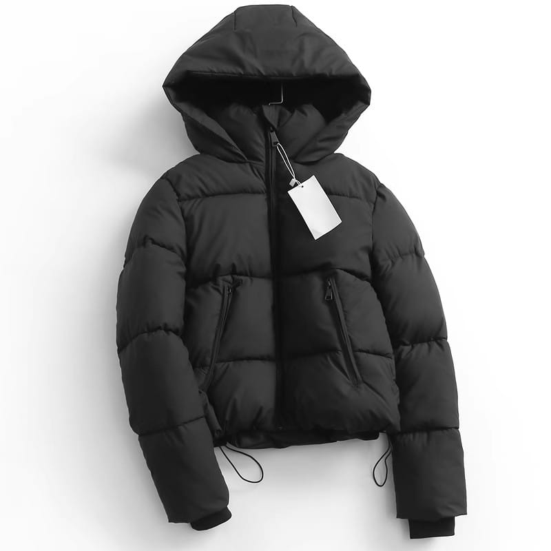 Black hooded puffer cotton coat with quilted design and drawstrings at the cuffs.