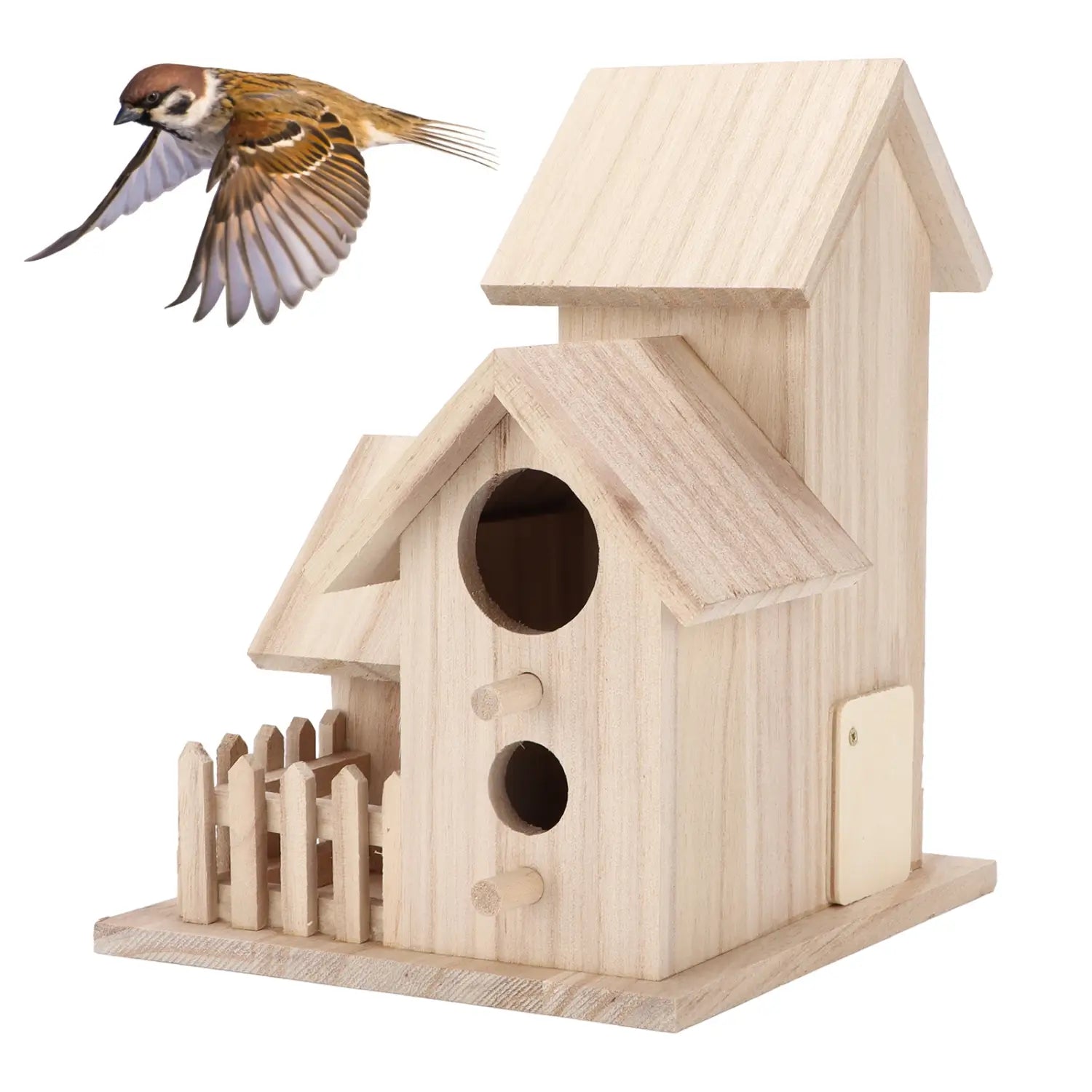 Casa para aves exterior de paulownia, de 3 compartimentos, para nidos en el jardín