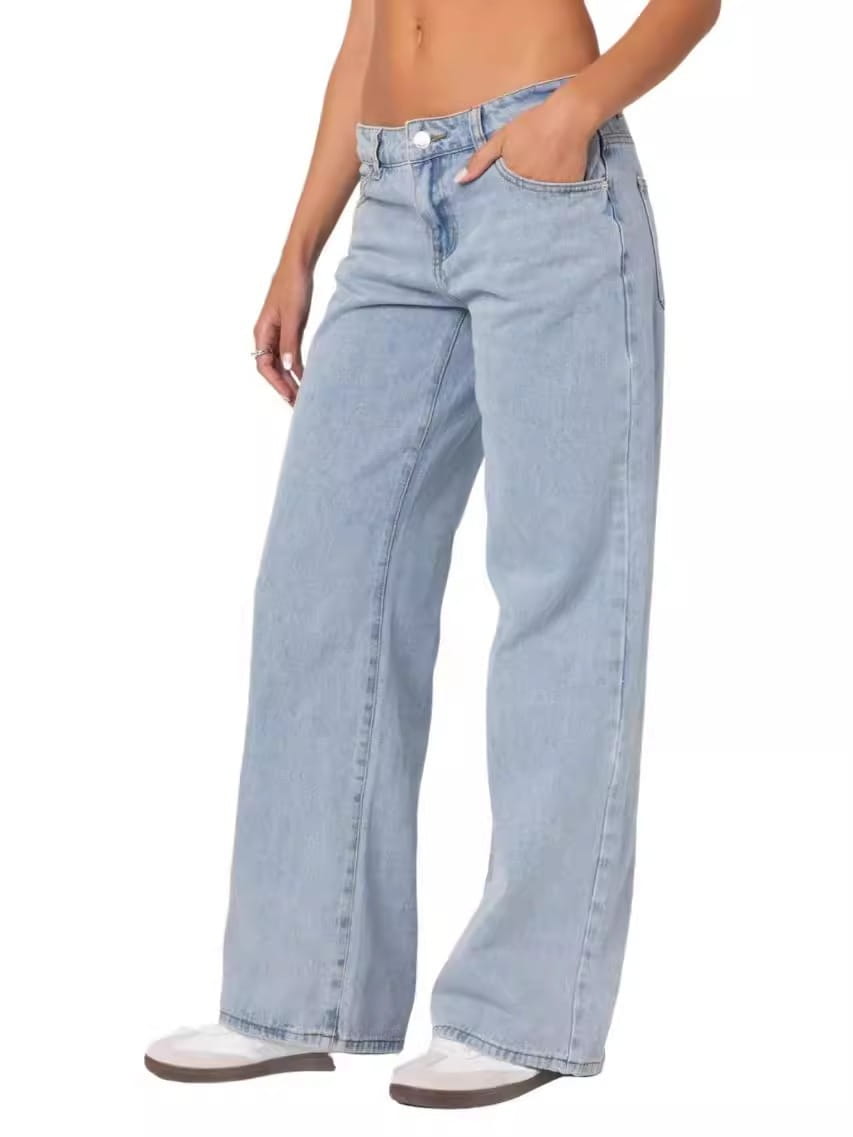 high waist wide leg denim jeans in light wash featuring a relaxed straight-cut silhouette made from denim material.
