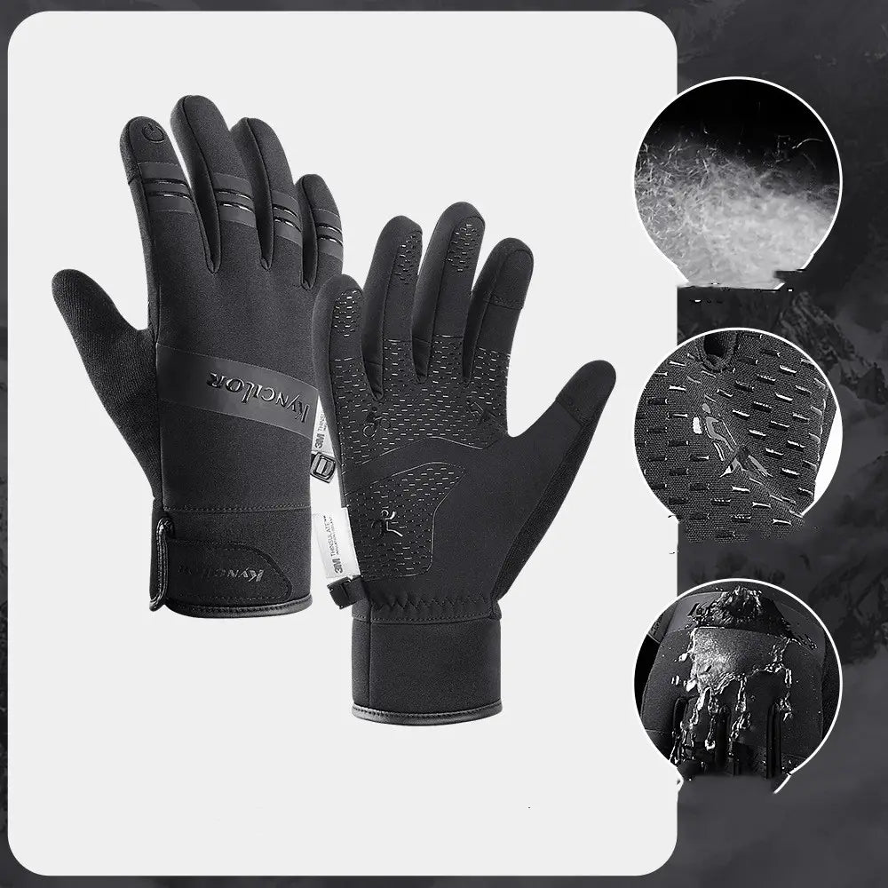 Black waterproof touchscreen ski gloves with textured grip panels and a snug wrist closure shown from the back side.
