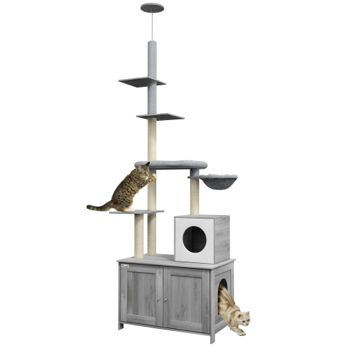 Arbre à chat Pawhut gris à plusieurs niveaux du sol au plafond avec des poteaux à griffer, des plateformes et une armoire de rangement intégrée pour l’enceinte de la boîte à litière du chat.