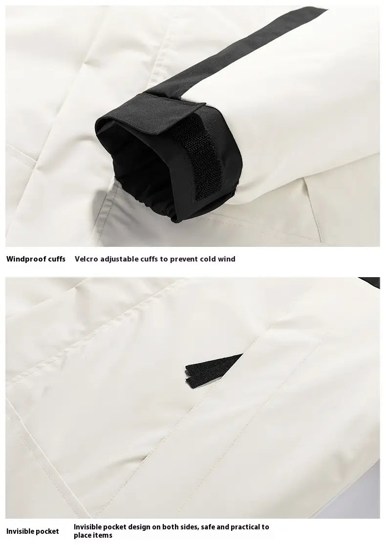 white waterproof thermal winter puffer jacket featuring black windproof velcro cuffs and invisible side pockets