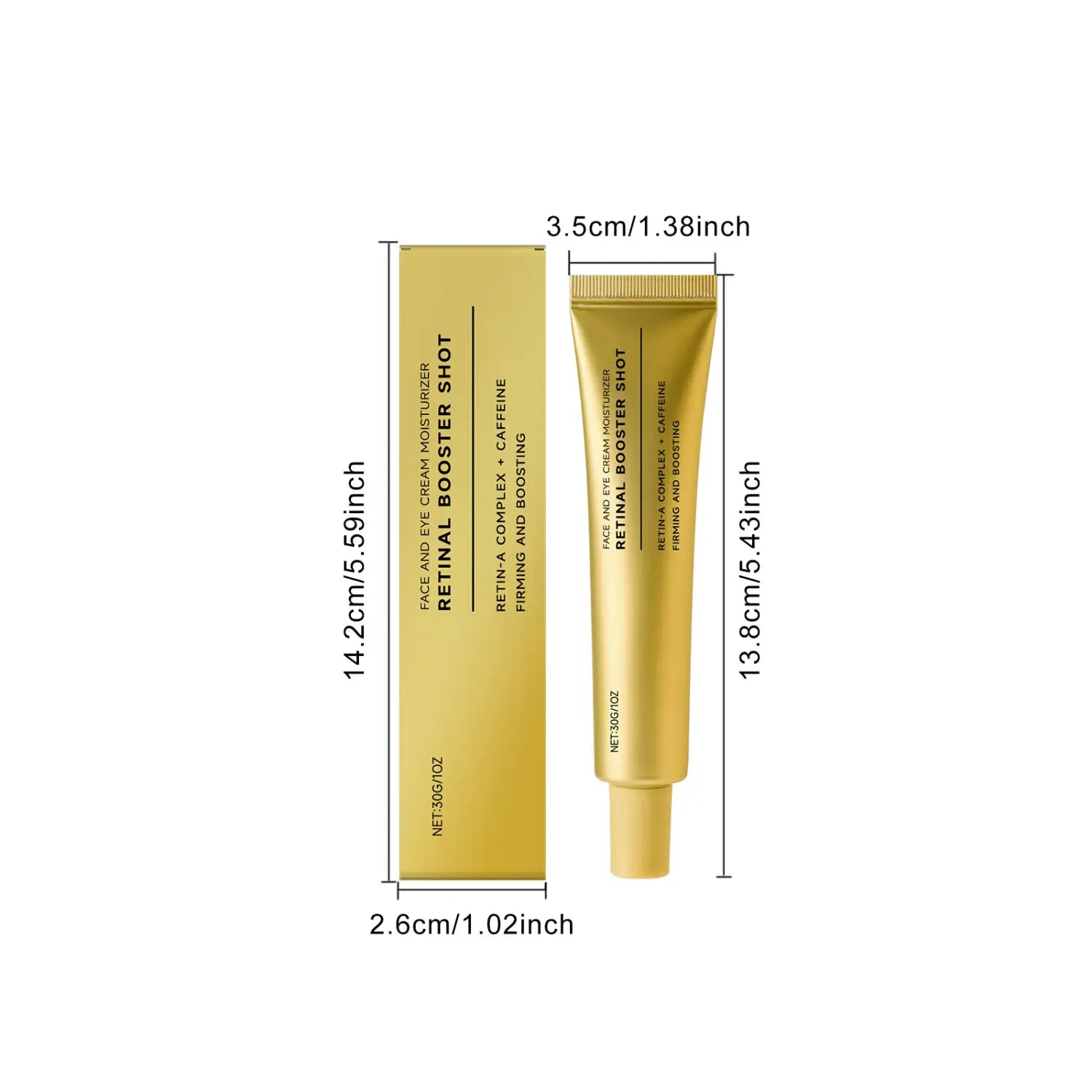tube doré de crème raffermissante à la rétinol, booster doré, hydratant rétinol pour le visage et la crème pour les yeux, présenté dans un emballage produit