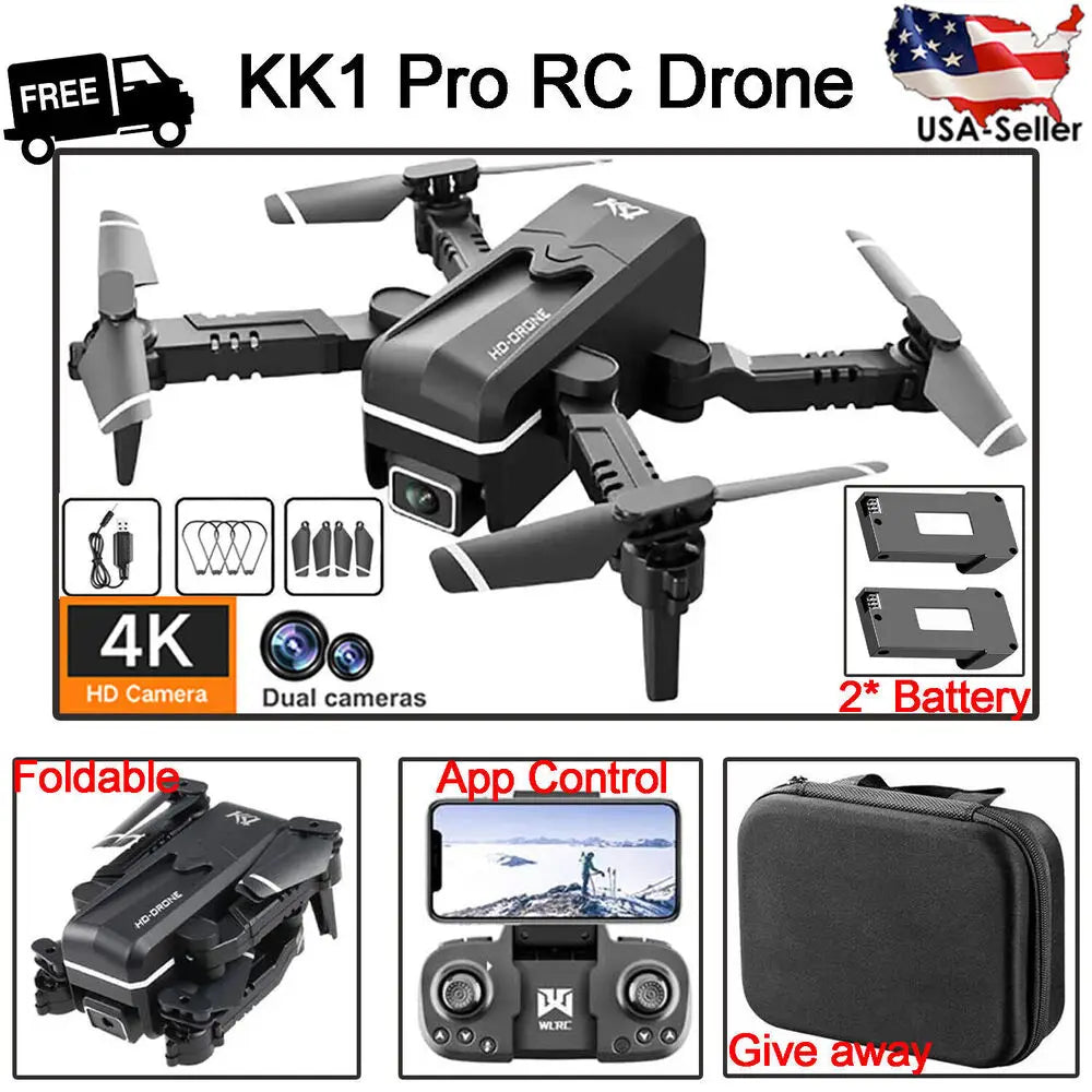 Drone à air quad radiocommandé kk1 pro noir, conception pliable et double caméra 4K HD, présenté depuis le côté arrière.