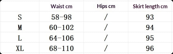 Tableau des tailles pour la jupe longue plissée à pois, indiquant les mesures de la taille et des hanches en centimètres pour les tailles S à XL.