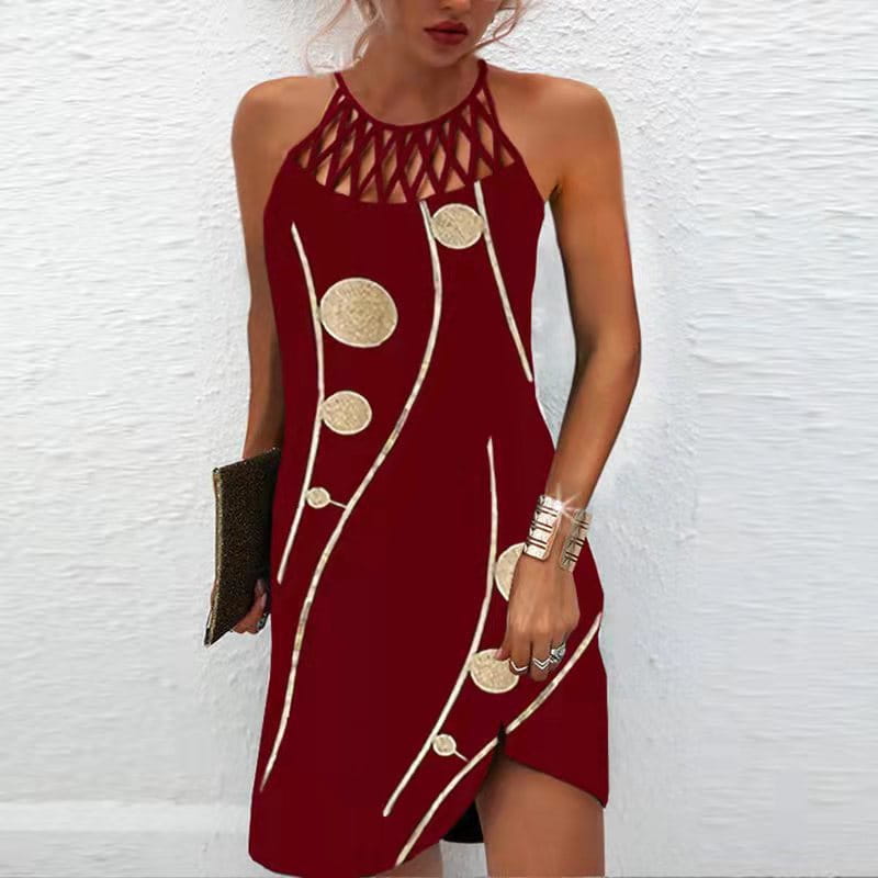 A red geometric print halterneck asymmetrical midi dress featuring a lattice neckline with gold circular embellishments and white stitched lines.