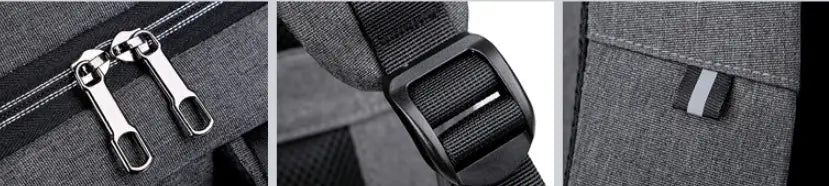 Business laptop backpack made of gray oxford cloth featuring a usb charging port gray textured fabric with black zipper pulls adjustable strap buckle and small reflective strip on the side pocket.