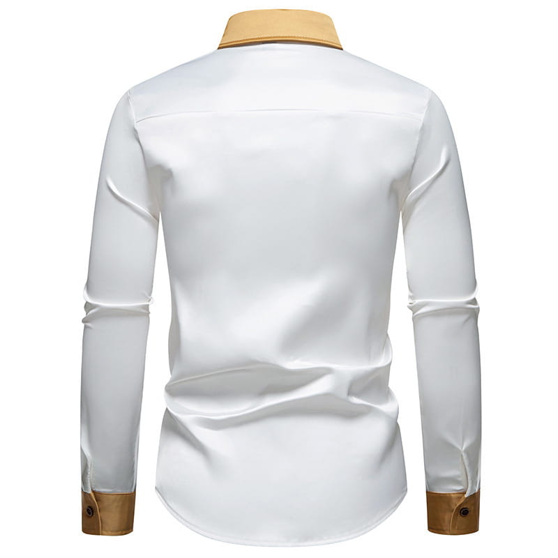 Camisa de vestir de manga larga colorblock de satén para hombre en color blanco, con cuello y puños a contraste en tono caqui.