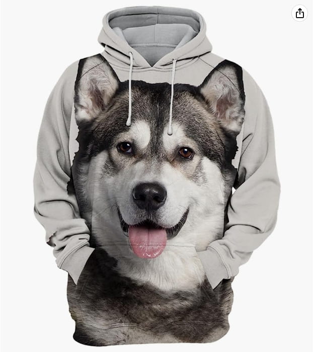 Homme sweat à capuche gris en pull-over, avec une image détaillée imprimée en 3D sur l’ensemble de l’avant d’un malamute d’Alaska, avec une fourrure noire et blanche.