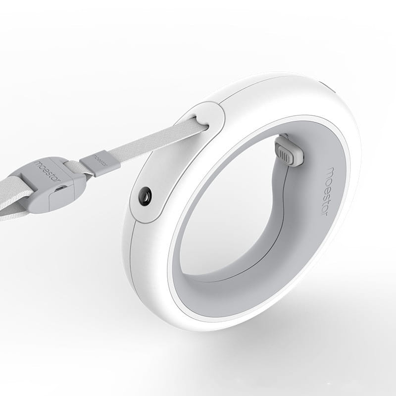 White moebot retractable hands free dog leash with led light featuring a sleek circular design and gray strap.