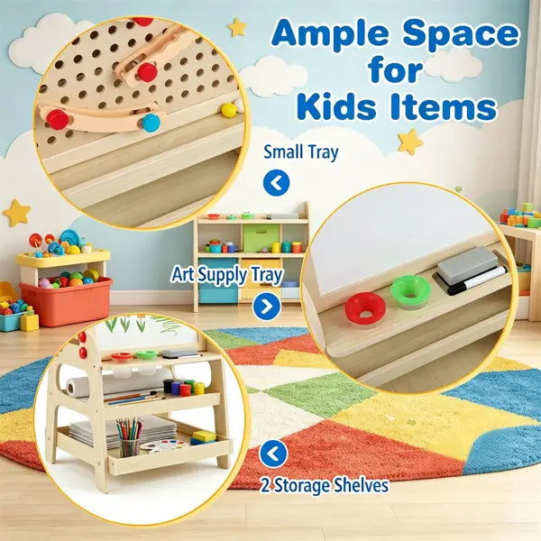 Light wood children’s art supply storage unit with three shelves and colorful plastic trays featured in a wooden art easel with marble run and storage shelves.