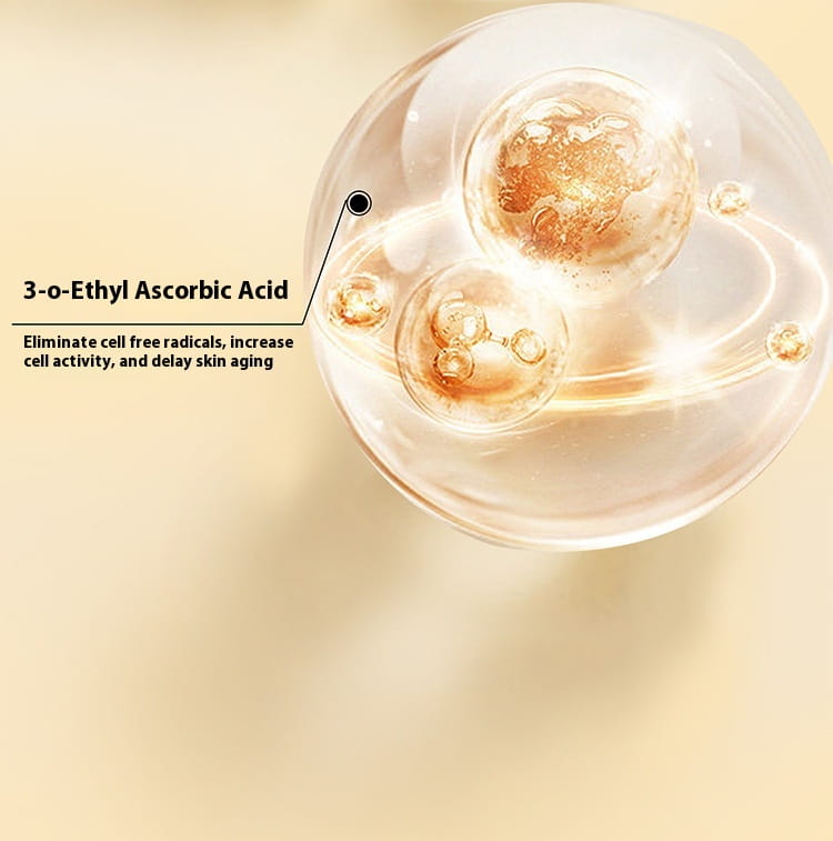 transparent glass sphere containing golden micro-particle essence labeled 3-o-ethyl ascorbic acid as a key skincare ingredient in lutein eye essential oil hydrating vc serum 8ml.