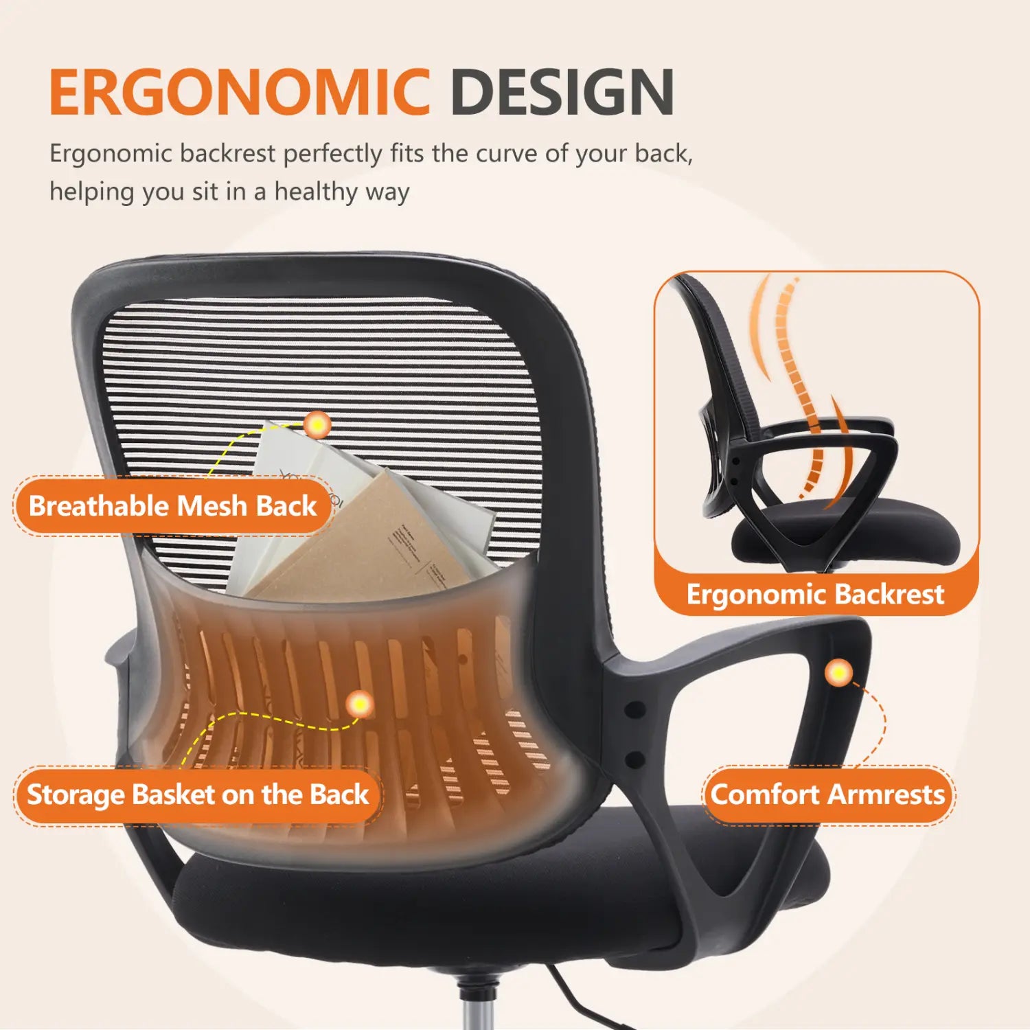 Chaise de dessin ergonomique à hauteur élevée, tabouret pour bureau debout, en noir, avec dossier en maille respirante et panier de rangement, illustrée depuis l’arrière
